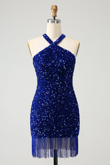 Sparkly Royal Blue Bodycon Halter Sequin Cocktail Dress with Tassel